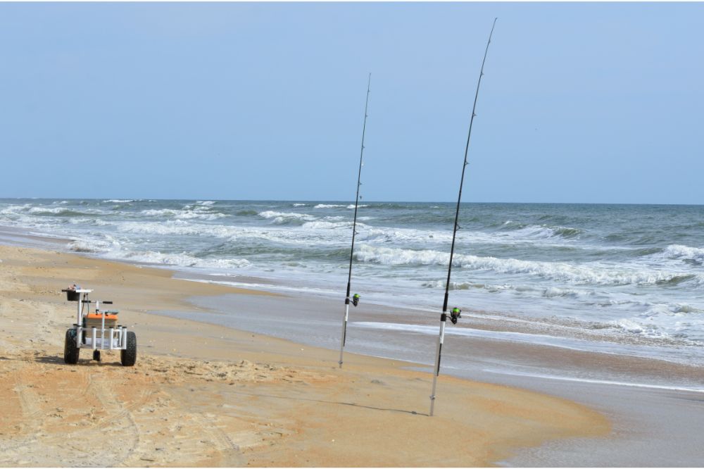 fishing cart and Surf Fishing rod on the beach